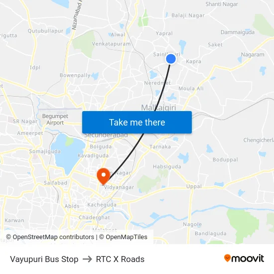 Vayupuri Bus Stop to RTC X Roads map
