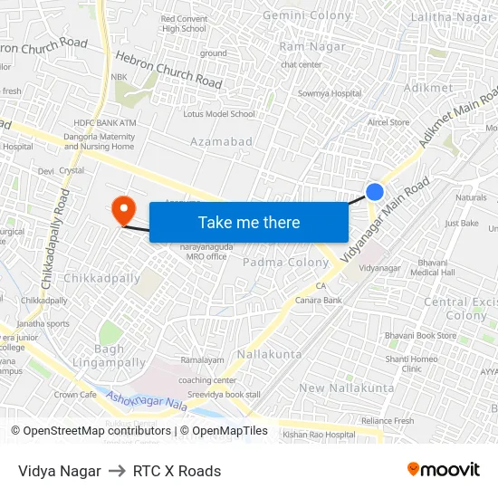 Vidya Nagar to RTC X Roads map