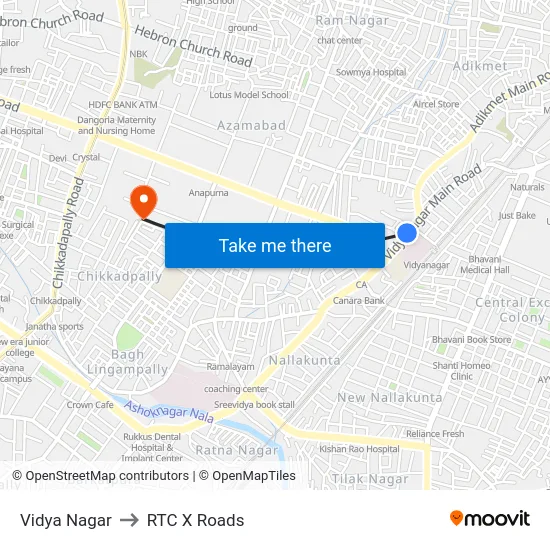 Vidya Nagar to RTC X Roads map