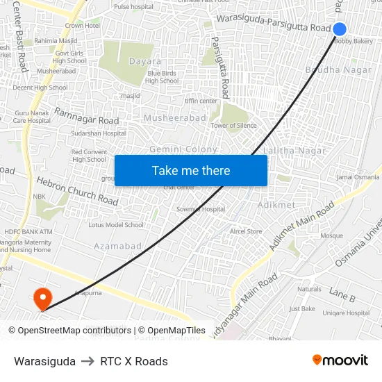 Warasiguda to RTC X Roads map