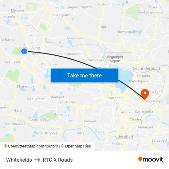 Whitefields to RTC X Roads map