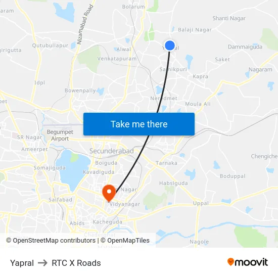 Yapral to RTC X Roads map
