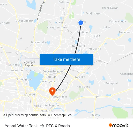 Yapral Water Tank to RTC X Roads map