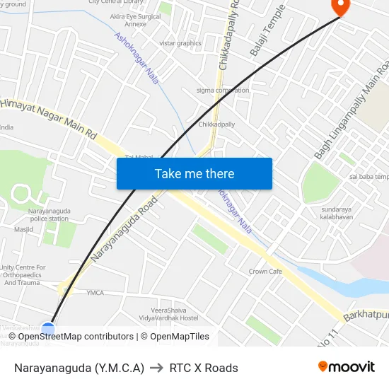 Narayanaguda (Y.M.C.A) to RTC X Roads map