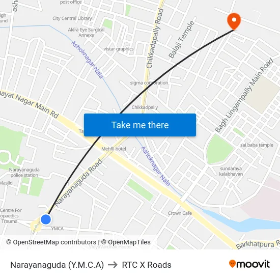 Narayanaguda (Y.M.C.A) to RTC X Roads map