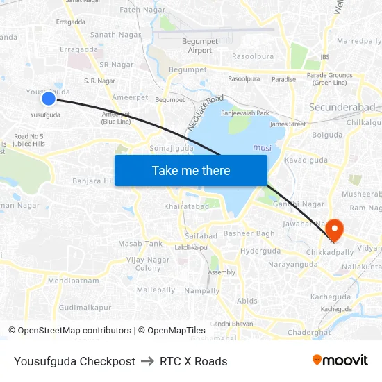 Yousufguda Checkpost to RTC X Roads map