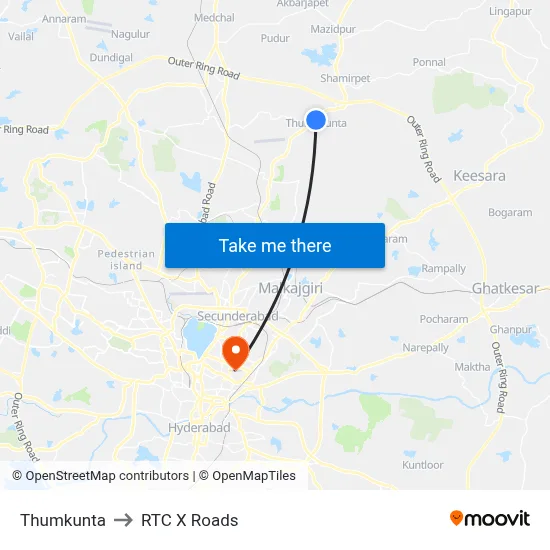 Thumkunta to RTC X Roads map