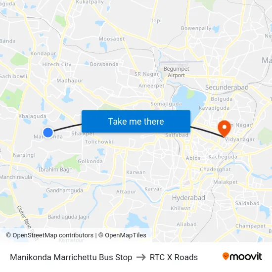 Manikonda Marrichettu Bus Stop to RTC X Roads map