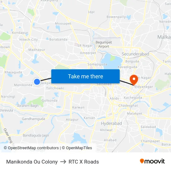 Manikonda Ou Colony to RTC X Roads map