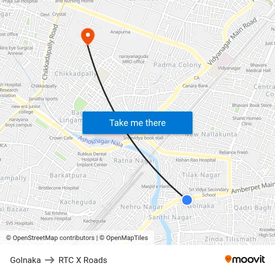 Golnaka to RTC X Roads map