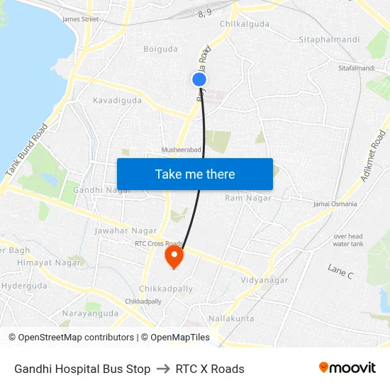 Gandhi Hospital Bus Stop to RTC X Roads map