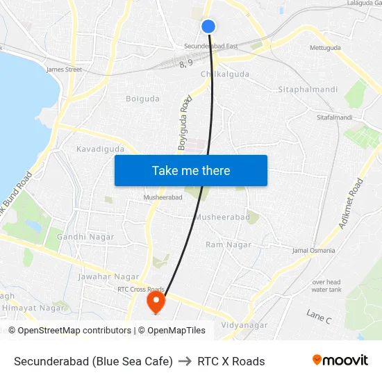 Secunderabad (Blue Sea Cafe) to RTC X Roads map
