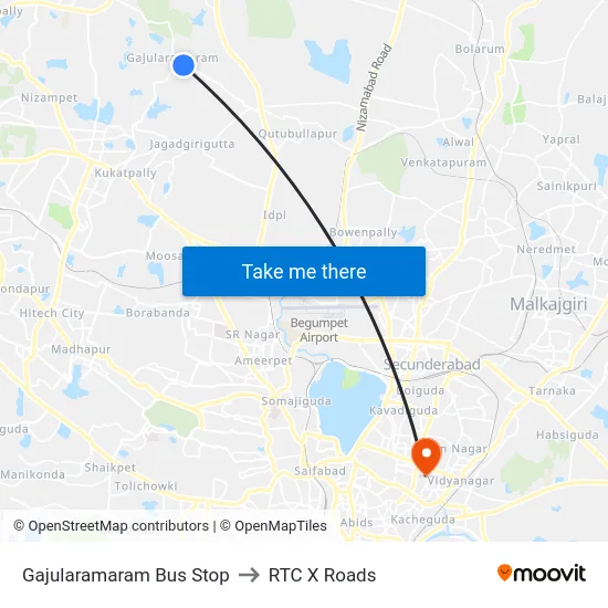 Gajularamaram Bus Stop to RTC X Roads map