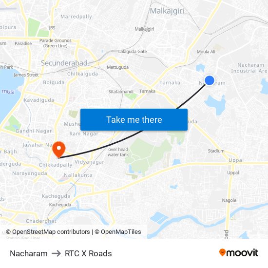 Nacharam to RTC X Roads map