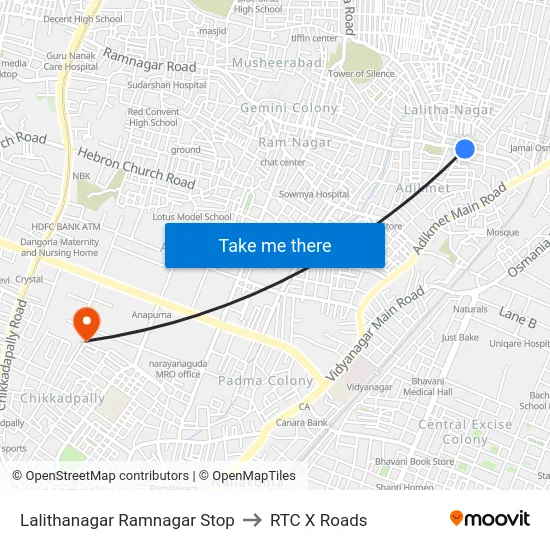 Lalithanagar Ramnagar Stop to RTC X Roads map