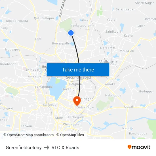 Greenfieldcolony to RTC X Roads map