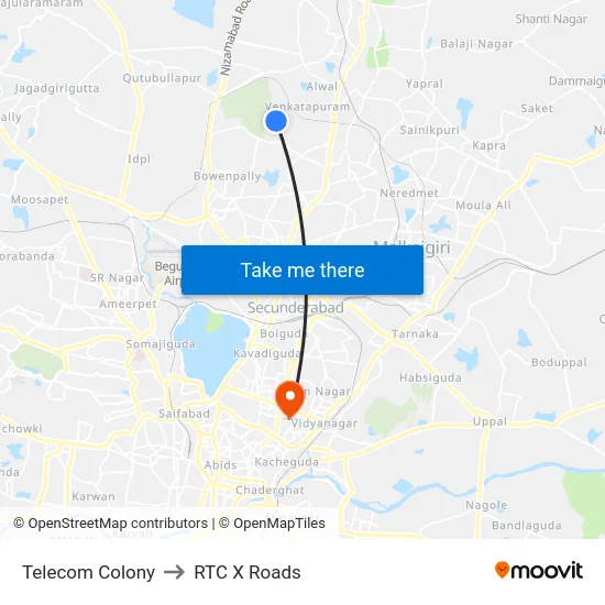Telecom Colony to RTC X Roads map