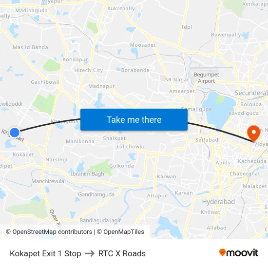 Kokapet Exit 1 Stop to RTC X Roads map