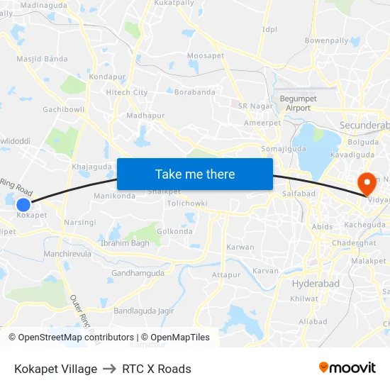 Kokapet Village to RTC X Roads map