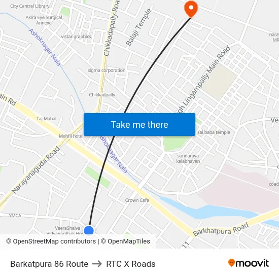 Barkatpura 86 Route to RTC X Roads map