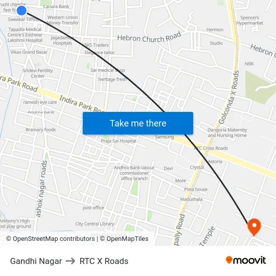 Gandhi Nagar to RTC X Roads map