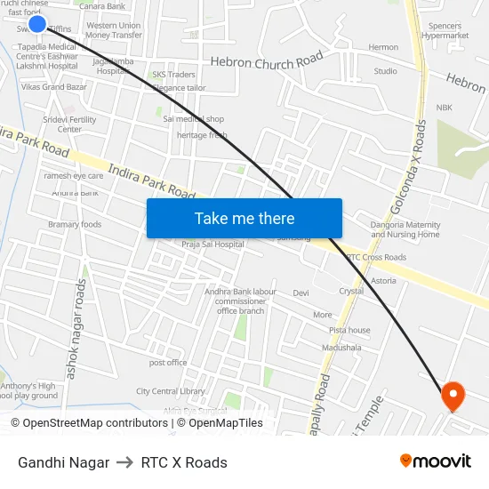 Gandhi Nagar to RTC X Roads map