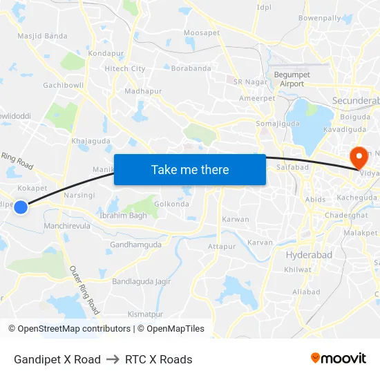 Gandipet X Road to RTC X Roads map
