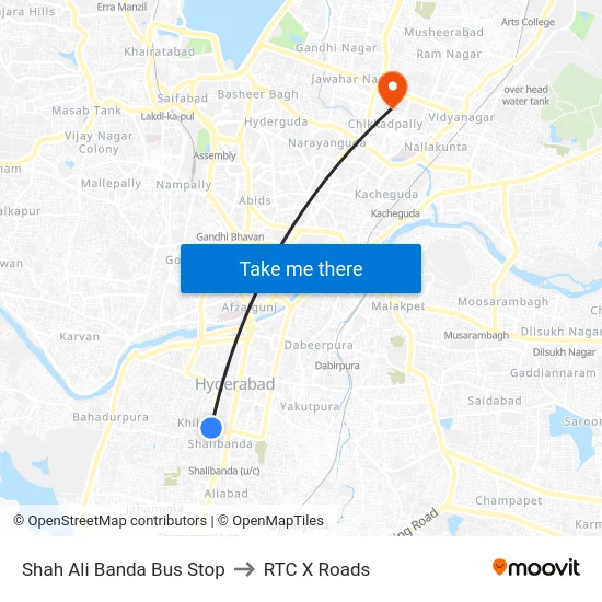 Shah Ali Banda Bus Stop to RTC X Roads map