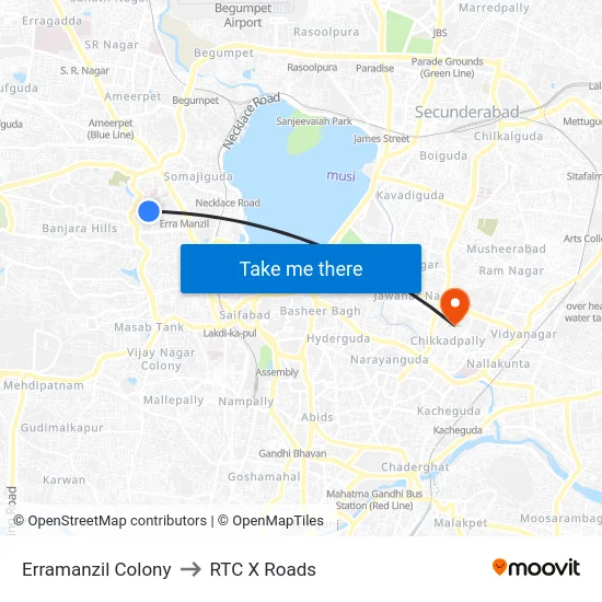 Erramanzil Colony to RTC X Roads map