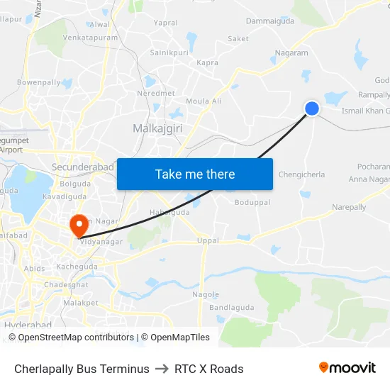 Cherlapally Bus Terminus to RTC X Roads map
