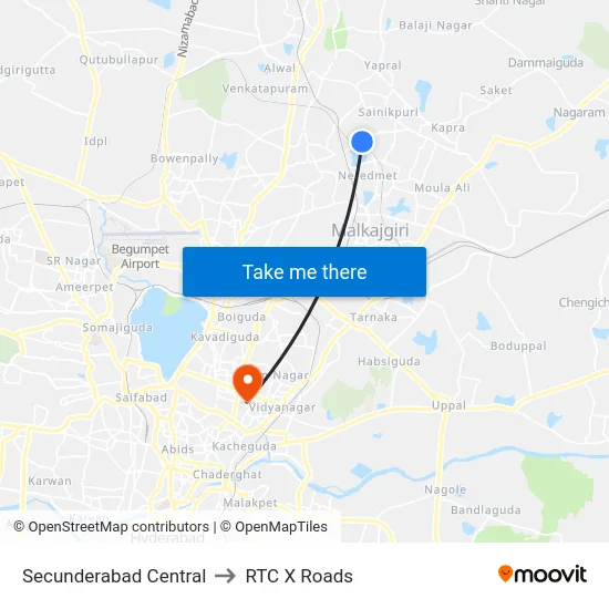 Secunderabad Central to RTC X Roads map