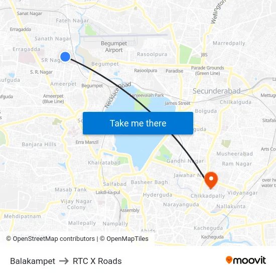 Balakampet to RTC X Roads map