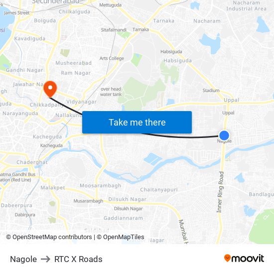 Nagole to RTC X Roads map