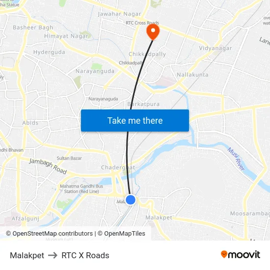 Malakpet to RTC X Roads map