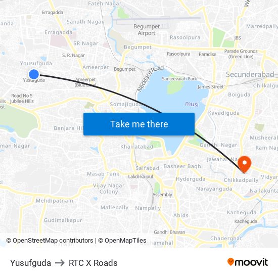 Yusufguda to RTC X Roads map