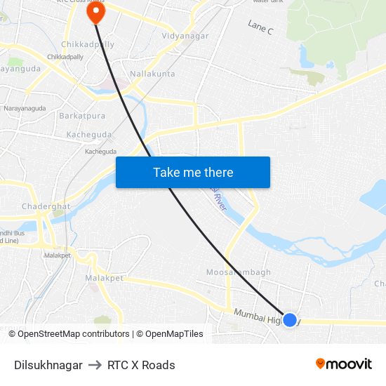 Dilsukhnagar to RTC X Roads map