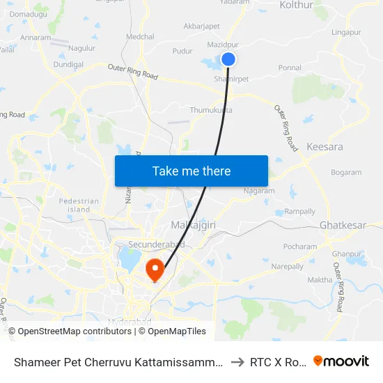 Shameer Pet Cherruvu Kattamissamma Temple to RTC X Roads map