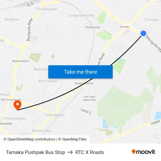 Tarnaka to RTC X Roads map