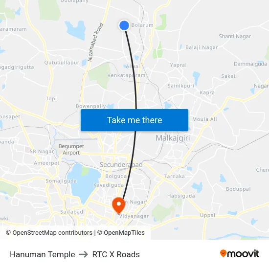 Hanuman Temple to RTC X Roads map
