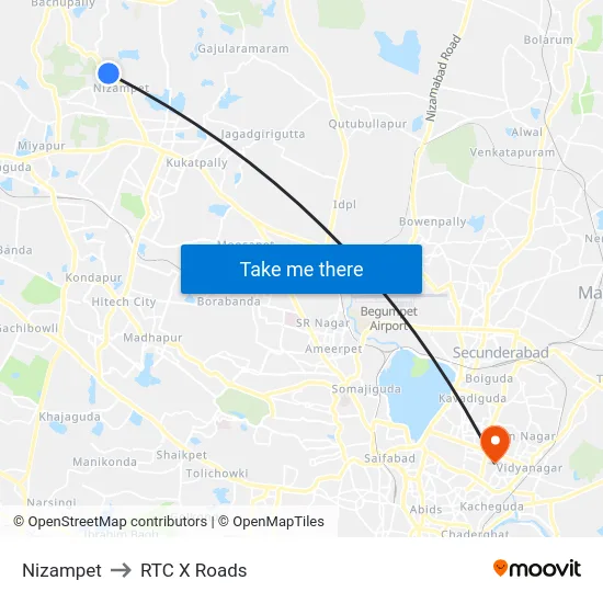 Nizampet to RTC X Roads map