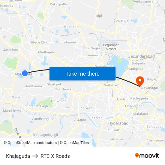 Khajaguda to RTC X Roads map