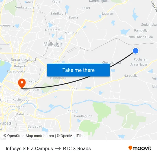 Infosys S.E.Z.Campus to RTC X Roads map
