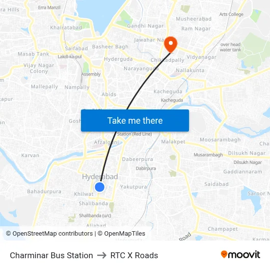Charminar Bus Station to RTC X Roads map