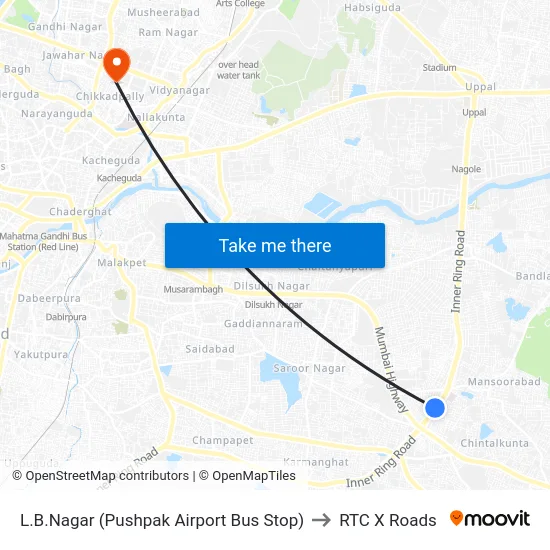 L.B.Nagar (Pushpak Airport Bus Stop) to RTC X Roads map