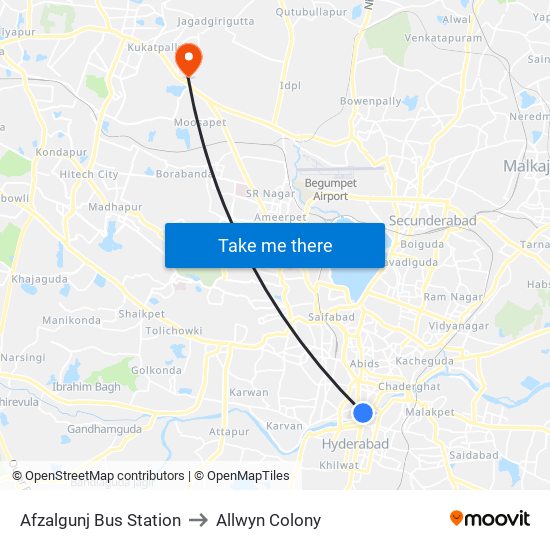 Afzalgunj Bus Station to Allwyn Colony map