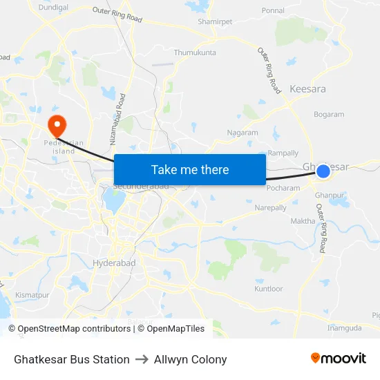 Ghatkesar Bus Station to Allwyn Colony map