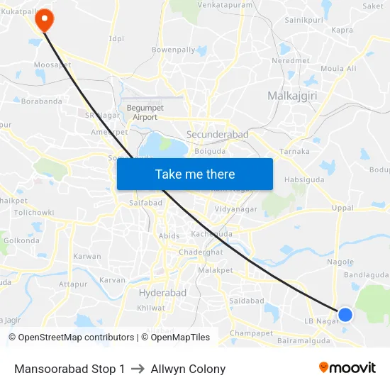 Mansoorabad Stop 1 to Allwyn Colony map