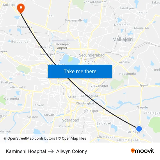 Kamineni Hospital to Allwyn Colony map