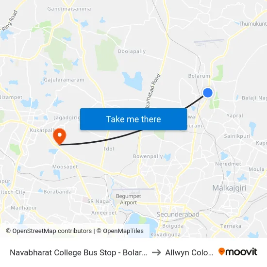 Navabharat College Bus Stop - Bolarum to Allwyn Colony map