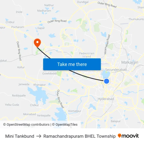 Mini Tankbund to Ramachandrapuram BHEL Township map